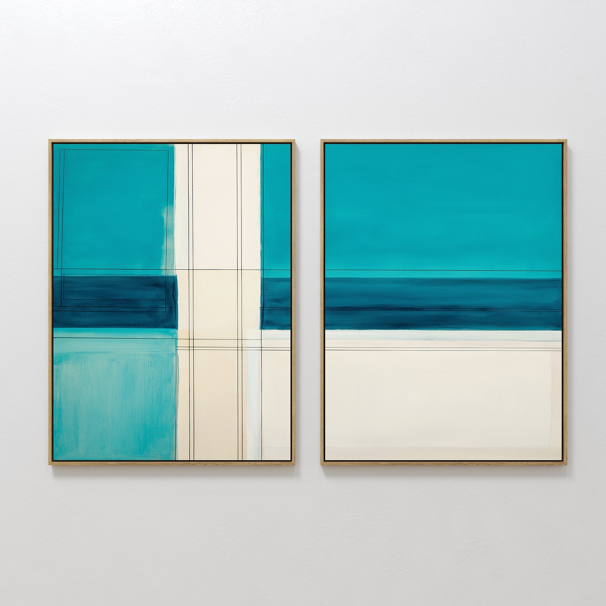 Original hand painted teal cream geometric abstract oil painting canvas wall art diptych, nordic scandinavian elegant luxury modern coastal home decor