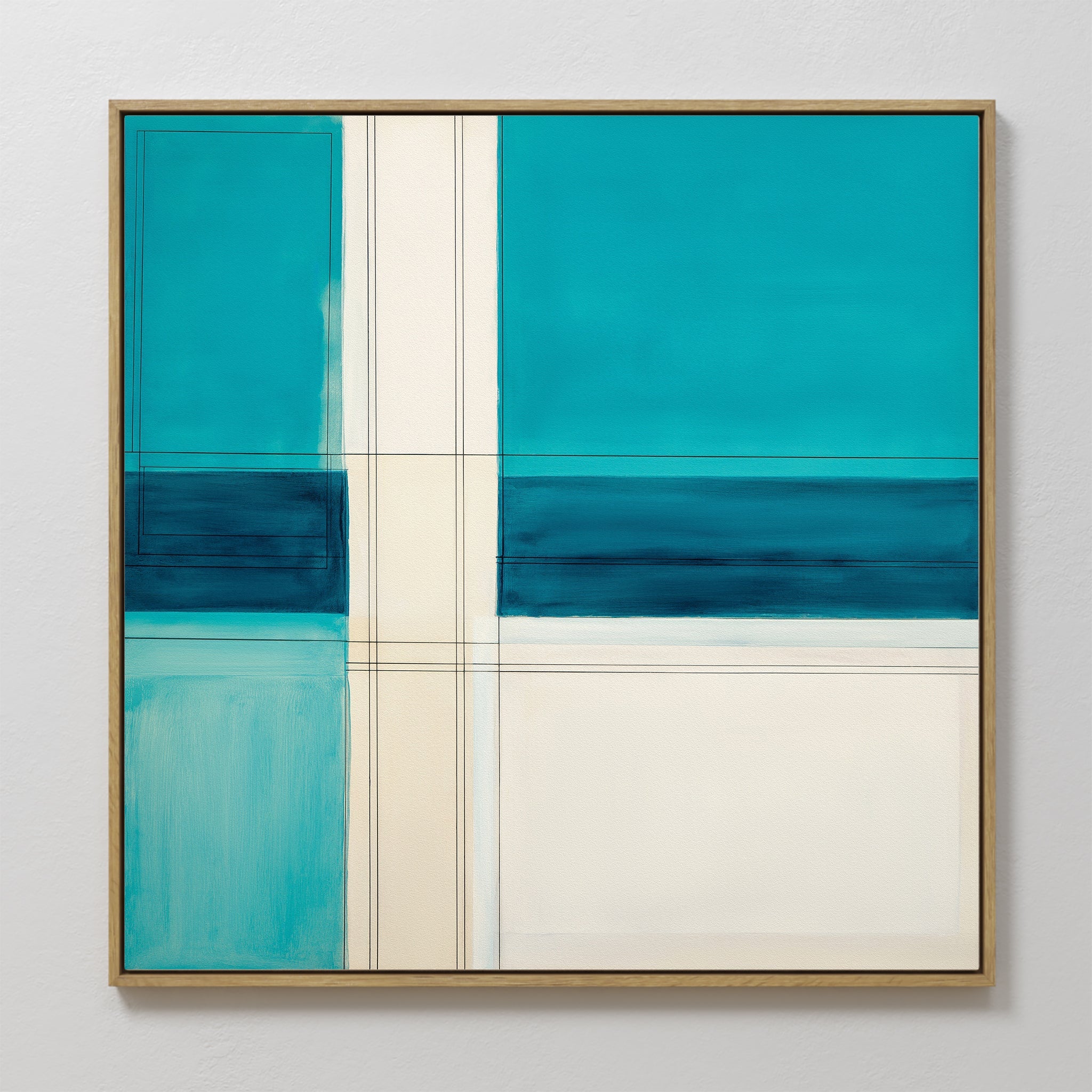 Hand painted original teal cream geometric abstract oil painting canvas wall art, nordic scandinavian elegant luxury minimalist modern living room hom