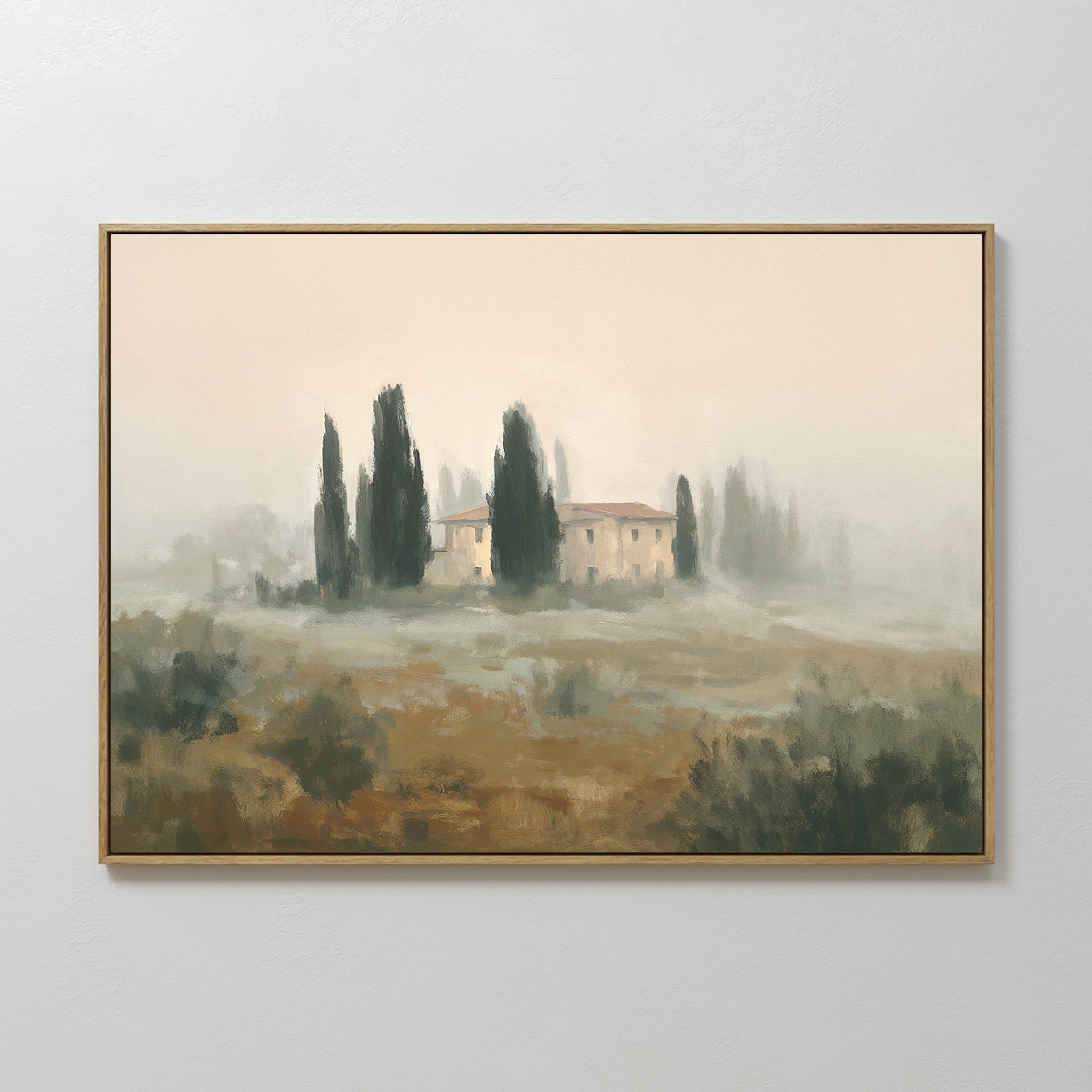 Hand painted original oil painting canvas wall art misty Tuscan villa cypress trees sage green ochre blush nordic elegant luxury modern home decor int
