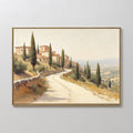 Hand painted original oil painting canvas wall art, warm terracotta Tuscan hillside village cypress trees winding road elegant luxury vintage modern h