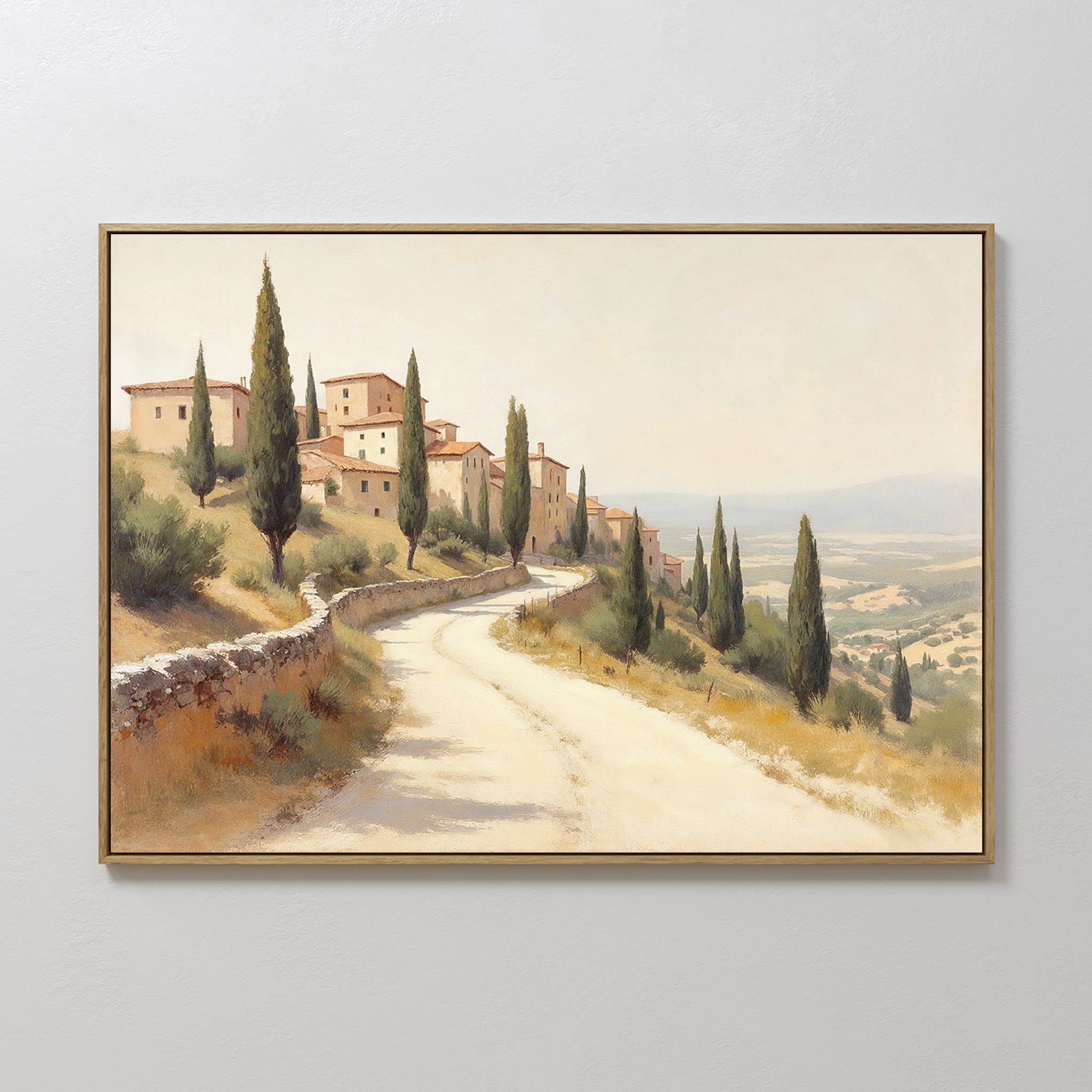 Hand painted original oil painting canvas wall art, warm terracotta Tuscan hillside village cypress trees winding road elegant luxury vintage modern h