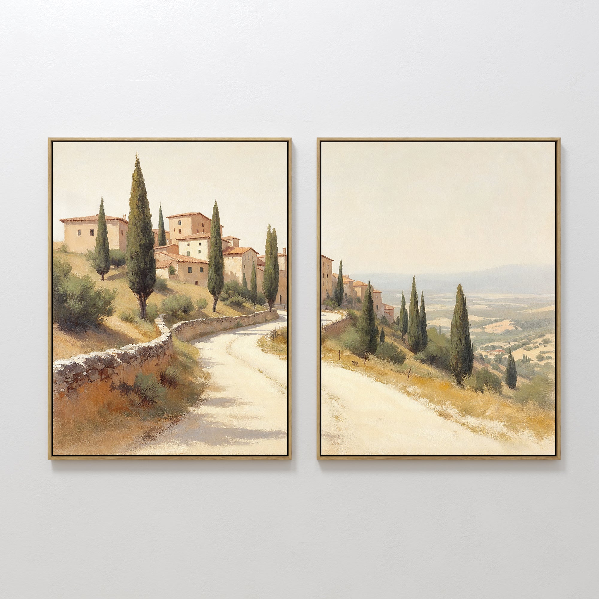 Original hand painted warm terracotta ivory Tuscan hillside village cypress trees diptych oil painting canvas wall art elegant luxury modern home deco