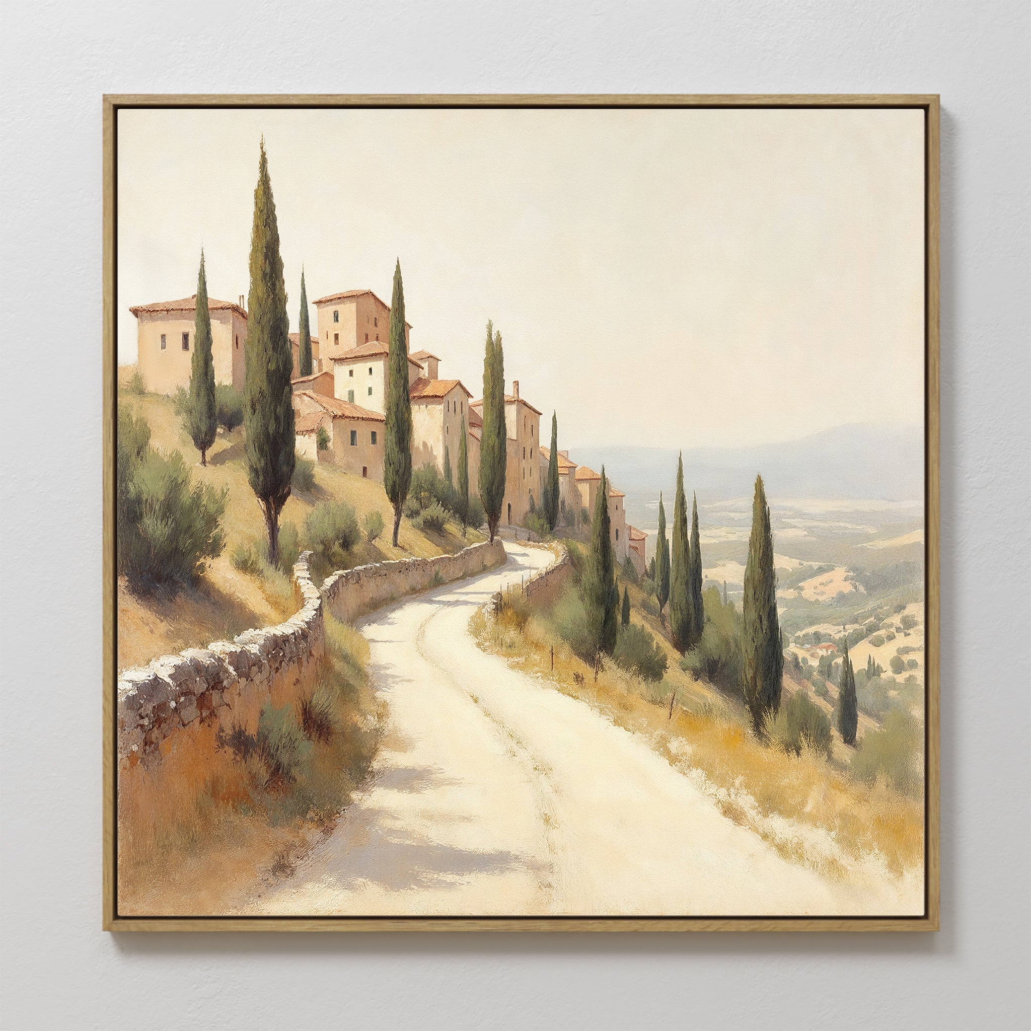 Hand painted original oil painting canvas wall art Tuscan hillside village cypress trees warm ochre ivory sage tones elegant luxury nordic modern home