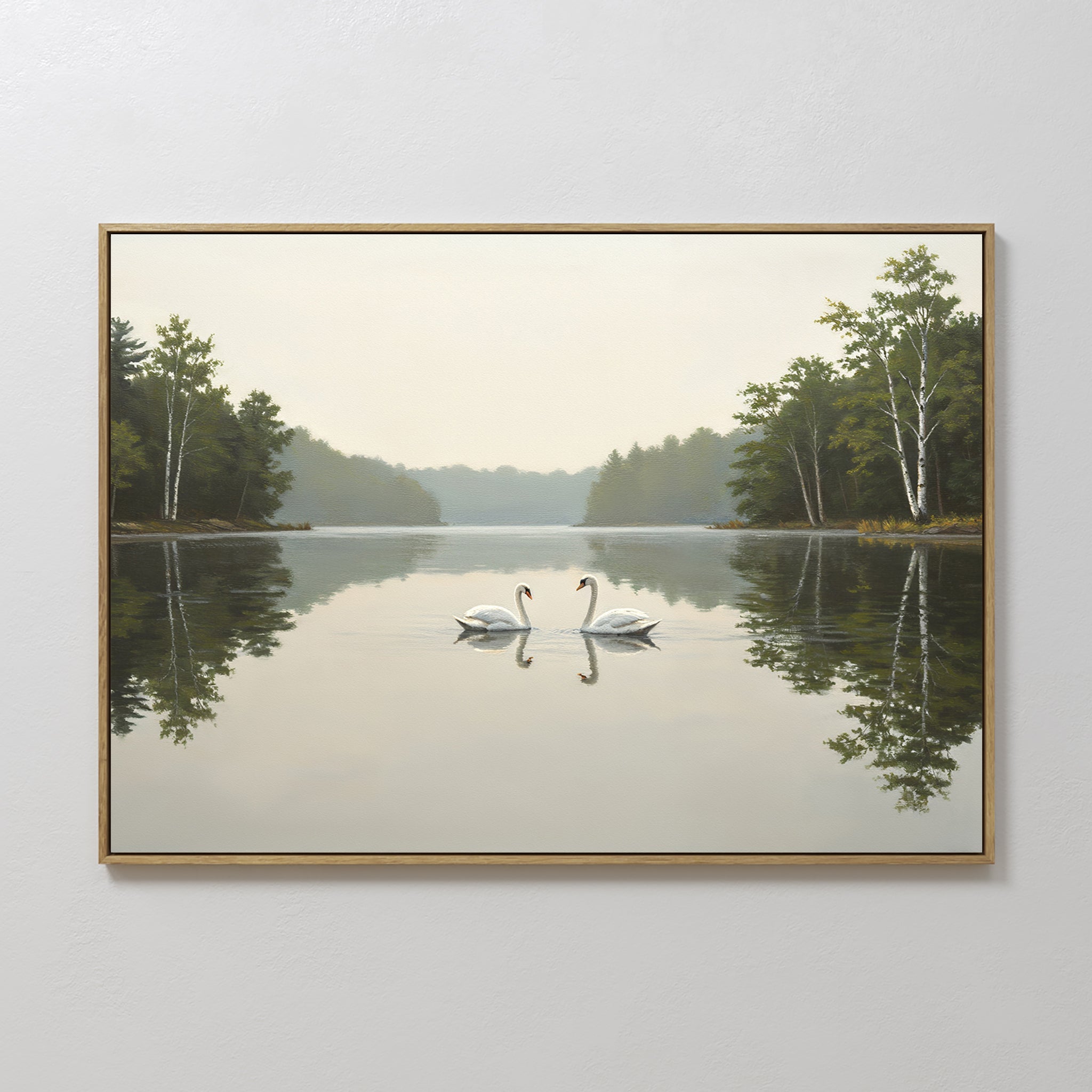 Original hand painted white swan misty lake oil painting canvas wall art, nordic scandinavian elegant luxury minimalist modern living room home decor