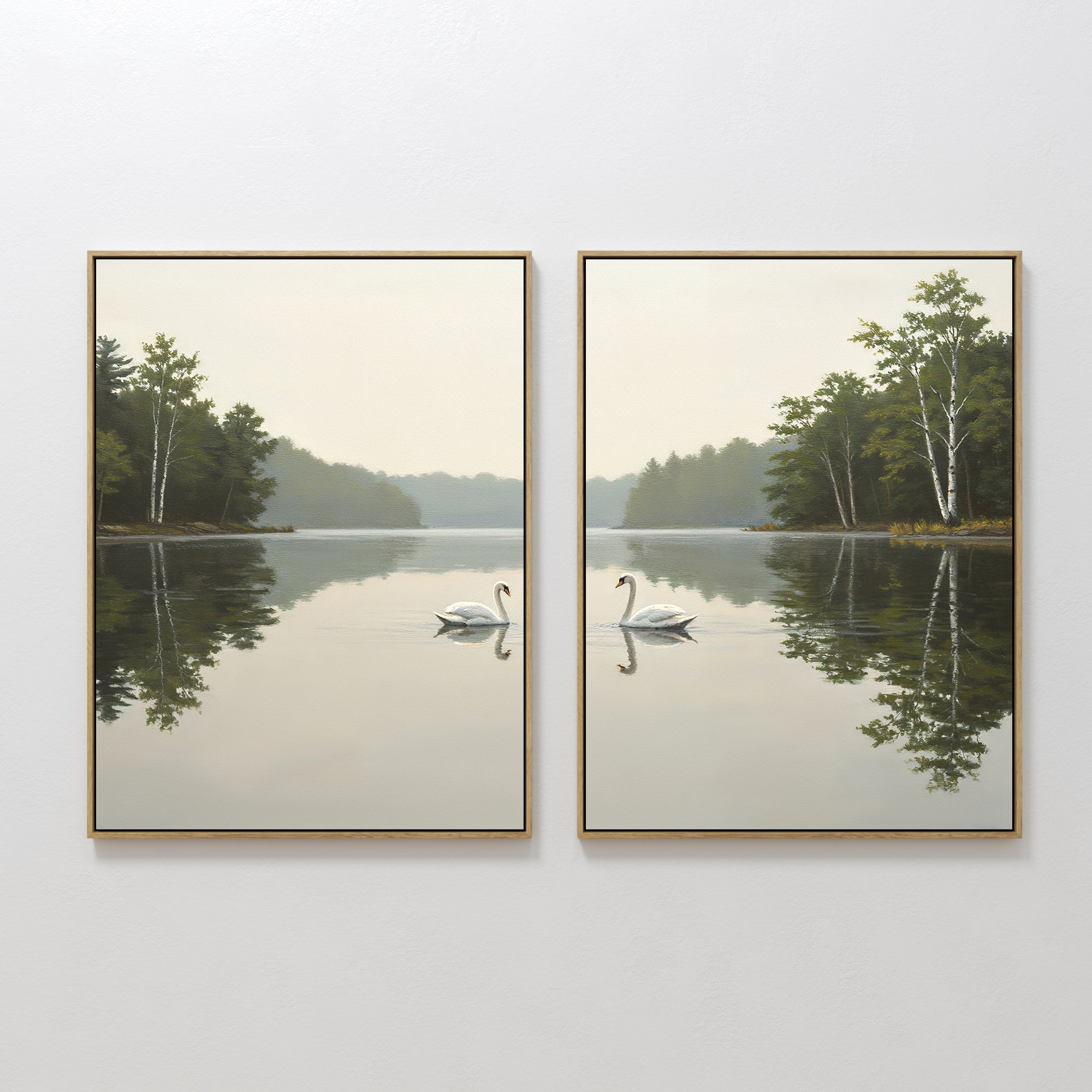Original hand painted white swan misty lake oil painting canvas wall art set of 2, nordic scandinavian elegant luxury minimalist modern living room ho