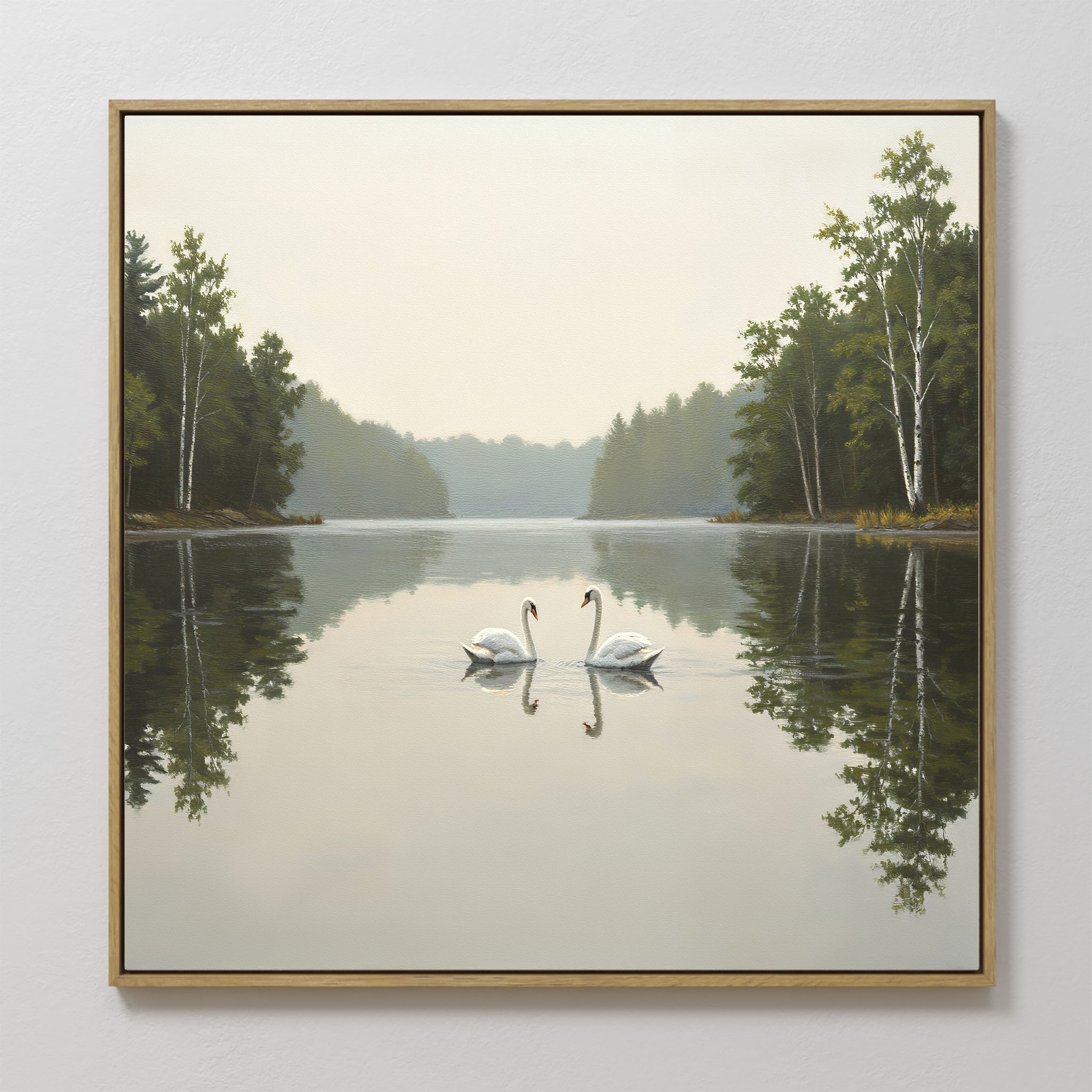Hand painted original oil painting white swans misty lake ivory sage green canvas wall art nordic scandinavian elegant luxury modern home decor interi