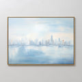 Hand painted original oil painting pale blue white city skyline water reflection canvas wall art nordic scandinavian elegant luxury modern home decor