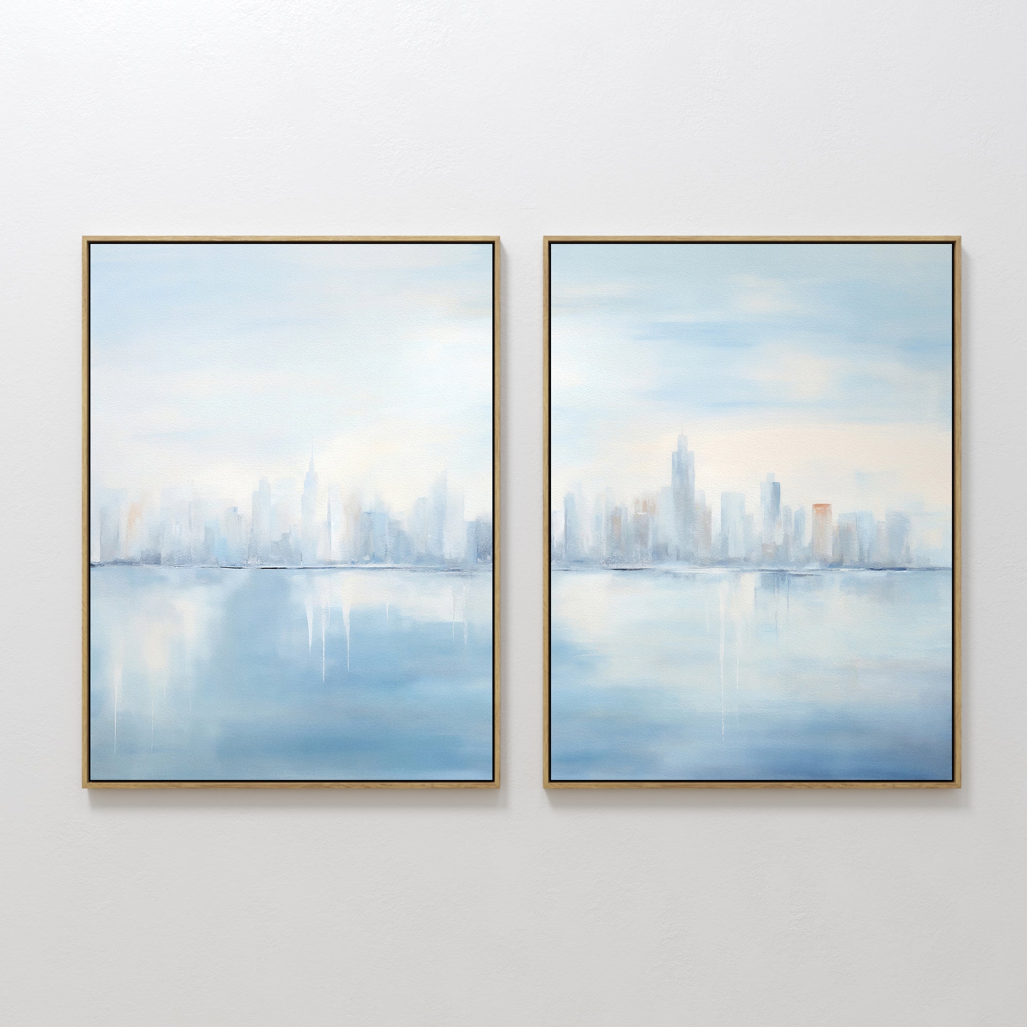 Original hand painted pale blue city skyline diptych oil painting canvas wall art, nordic scandinavian minimalist elegant luxury modern living room ho