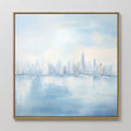 Original hand painted pale blue white abstract city skyline oil painting canvas wall art, nordic scandinavian elegant luxury modern living room home d