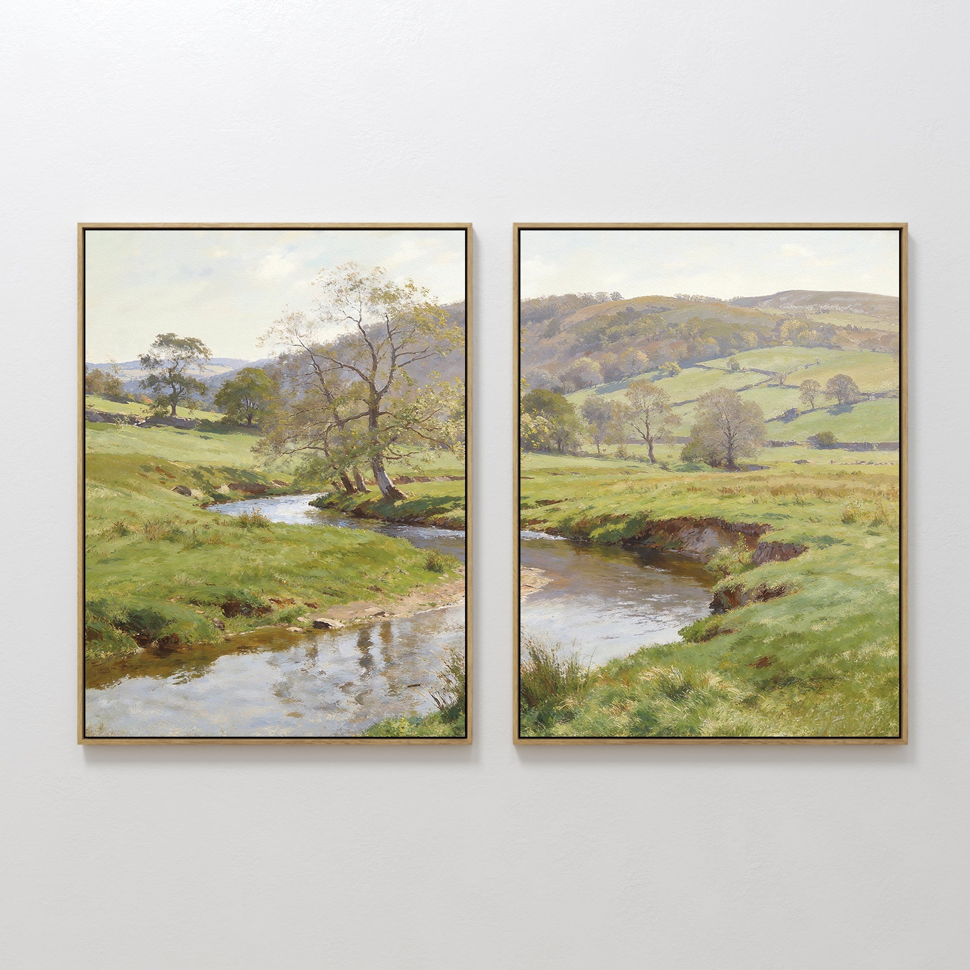 Original hand painted green valley stream oil painting set of 2 canvas wall art, vintage elegant luxury nordic modern living room home decor interior