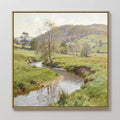 Hand painted original oil painting canvas wall art green valley meadow winding stream golden hills, elegant luxury nordic scandinavian modern home dec