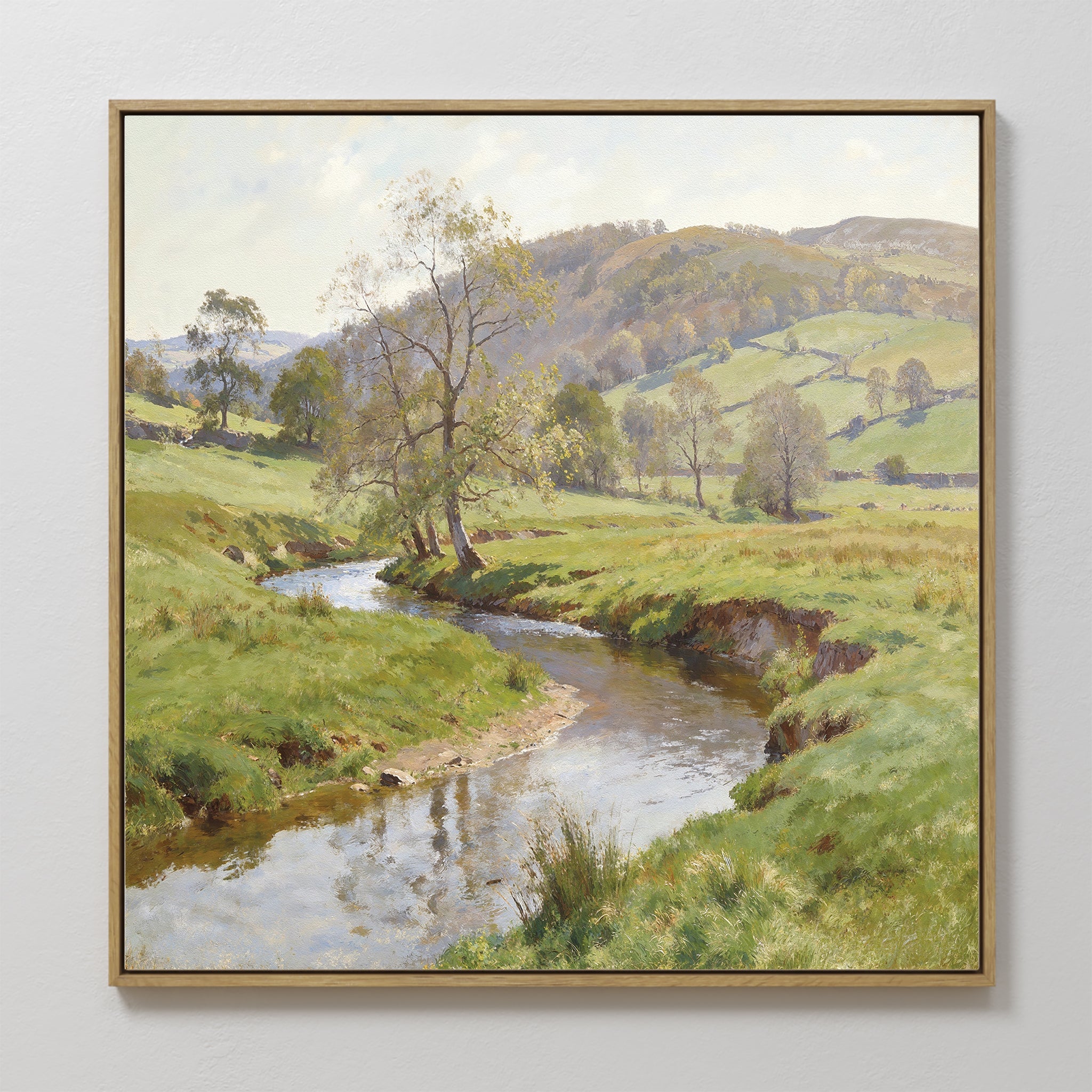 Hand painted original oil painting canvas wall art green valley meadow winding stream golden hills, elegant luxury nordic scandinavian modern home dec