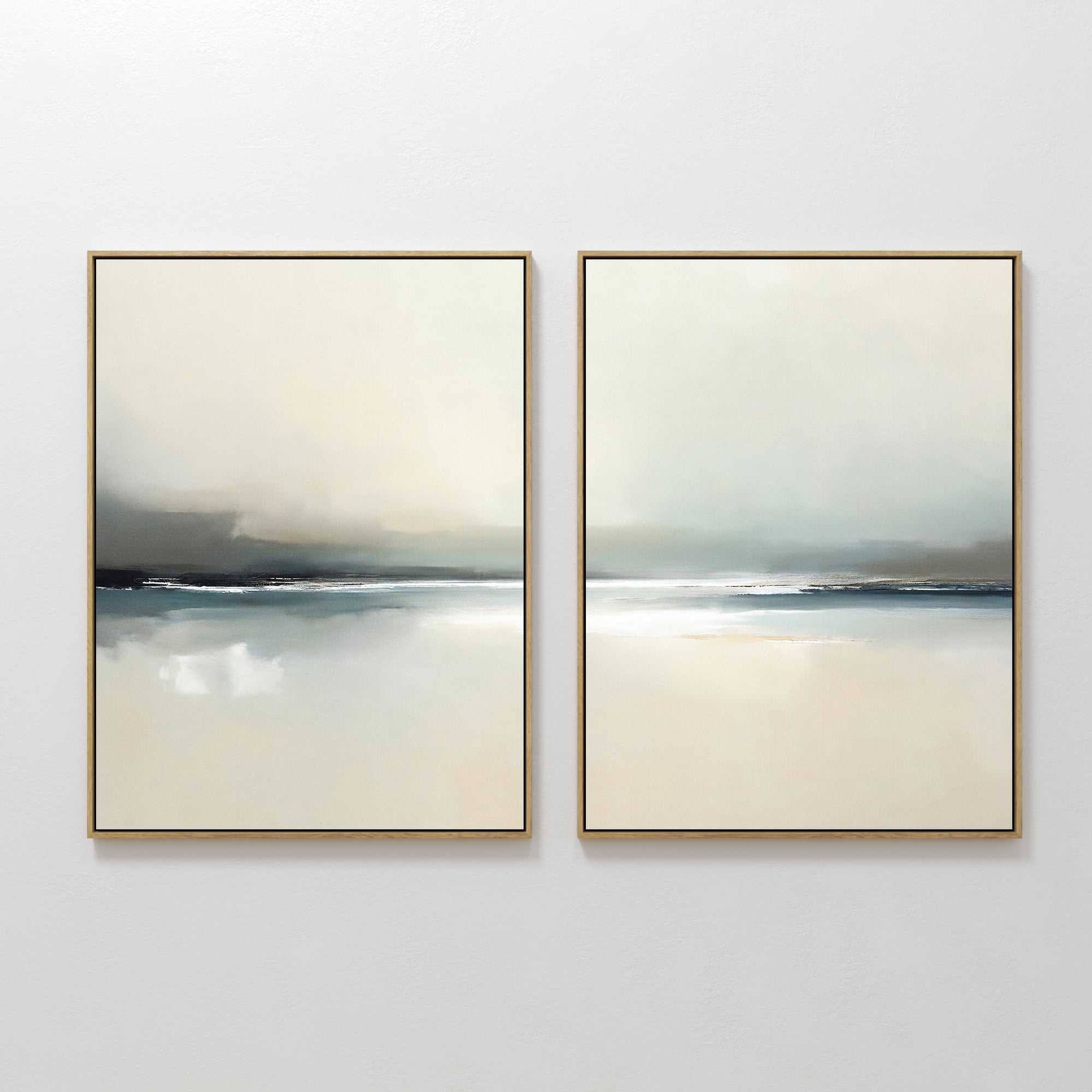 Original hand painted ivory charcoal teal coastal mist oil painting diptych canvas wall art nordic scandinavian elegant luxury modern home decor inter