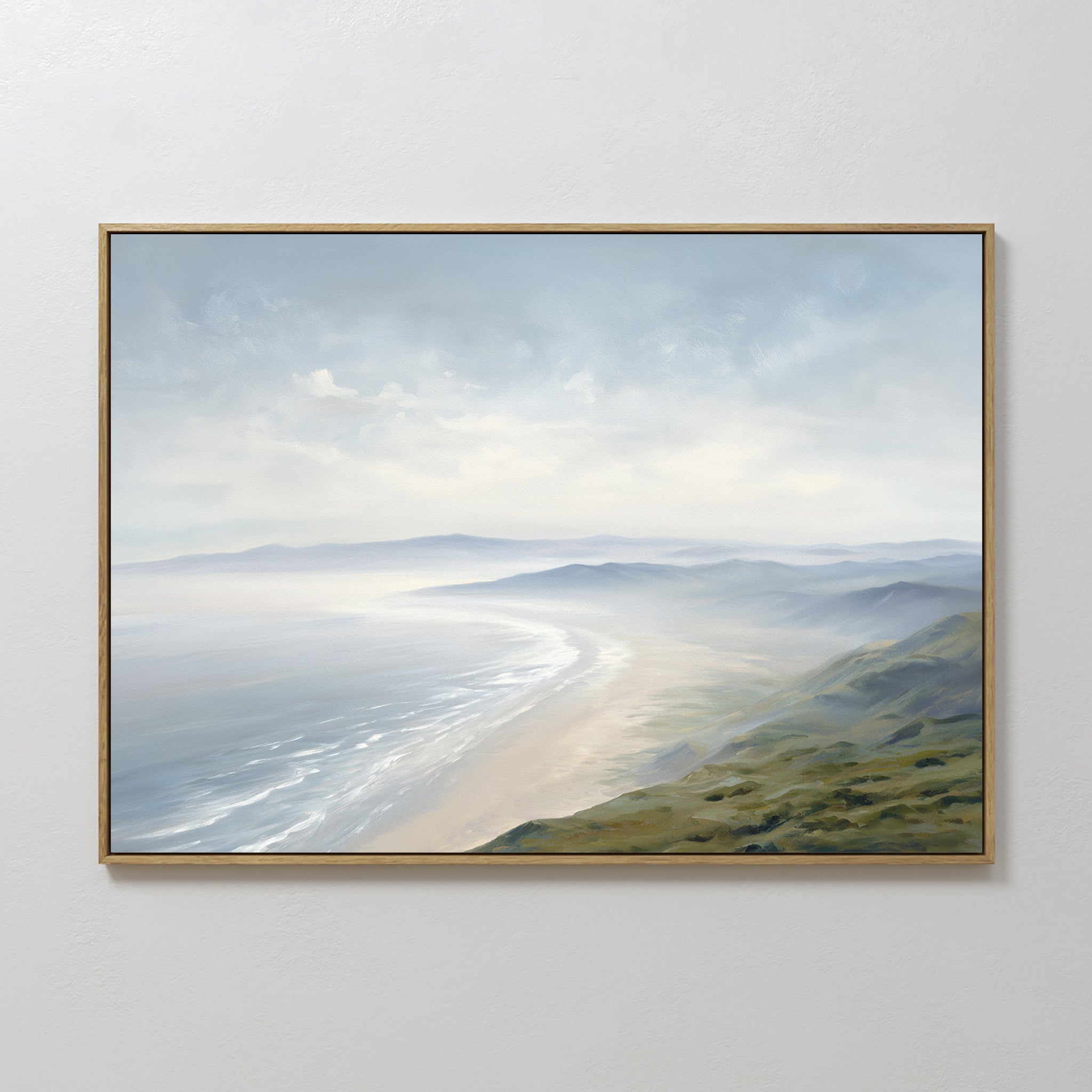 Original hand painted misty blue grey coastal panoramic oil painting canvas wall art, nordic scandinavian elegant luxury modern living room home decor