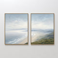 Original hand painted misty coastal oil painting diptych canvas wall art, blue sage sandy tones, nordic scandinavian elegant luxury modern home decor