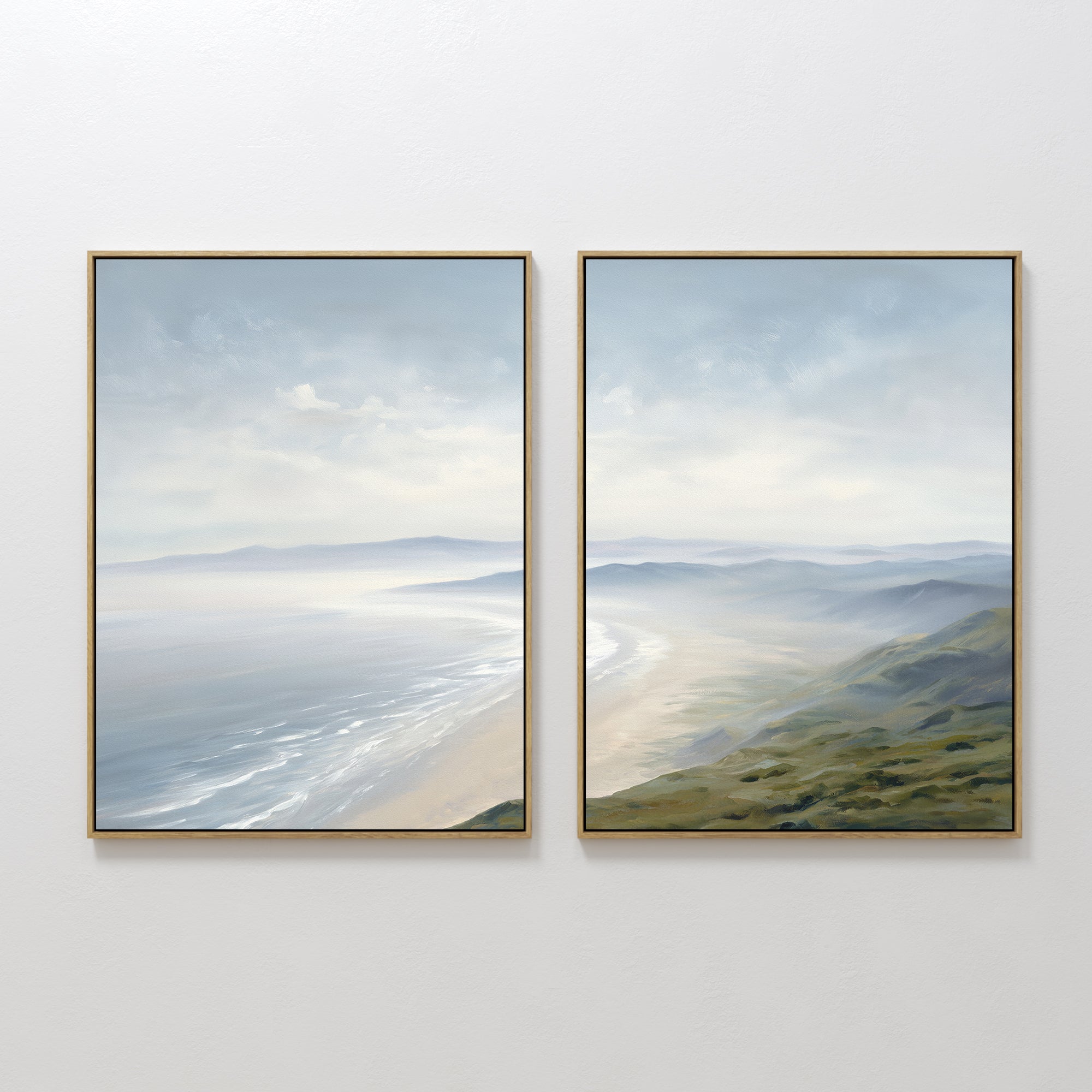 Original hand painted misty coastal oil painting diptych canvas wall art, blue sage sandy tones, nordic scandinavian elegant luxury modern home decor