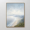 Original hand painted misty blue coastal oil painting canvas wall art, aerial sandy beach hazy mountains nordic scandinavian elegant luxury modern hom