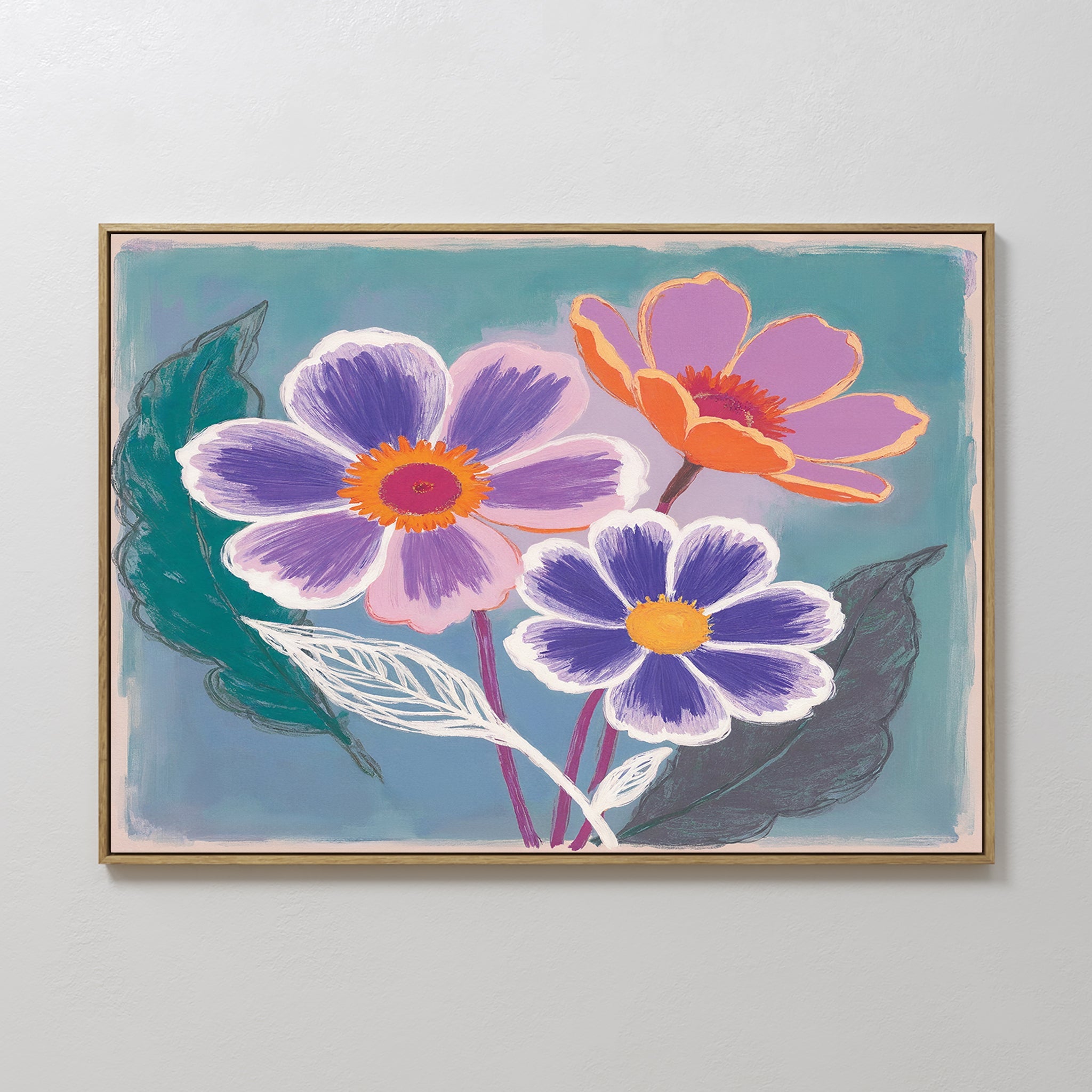 Hand painted original purple violet orange floral botanical oil painting canvas wall art, elegant luxury modern nordic scandinavian home decor interio