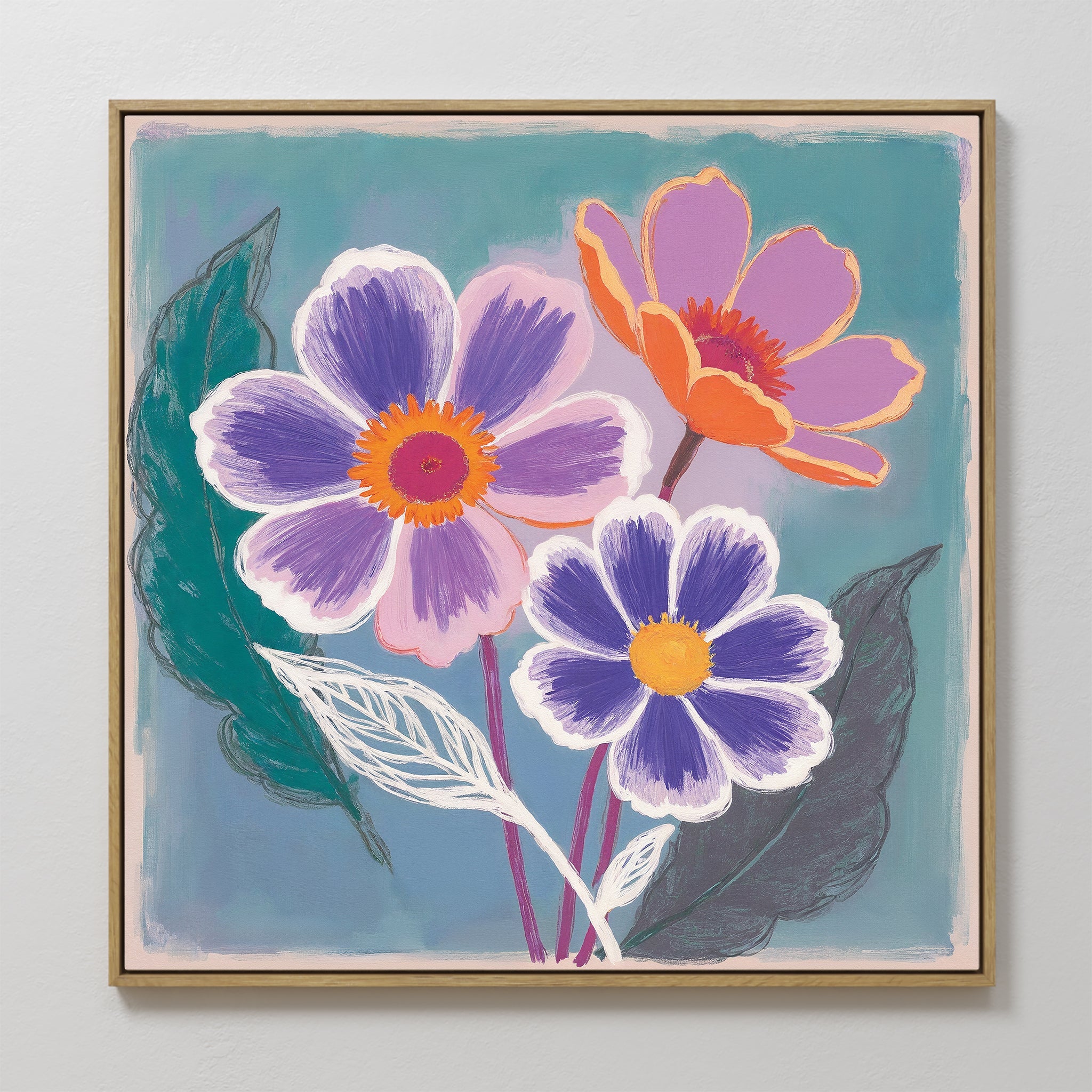 Hand painted original oil painting purple orange floral botanical canvas wall art, nordic scandinavian elegant luxury modern living room home decor in