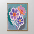 Hand painted original oil painting bold purple orange floral blooms teal canvas wall art elegant modern nordic scandinavian luxury home decor interior