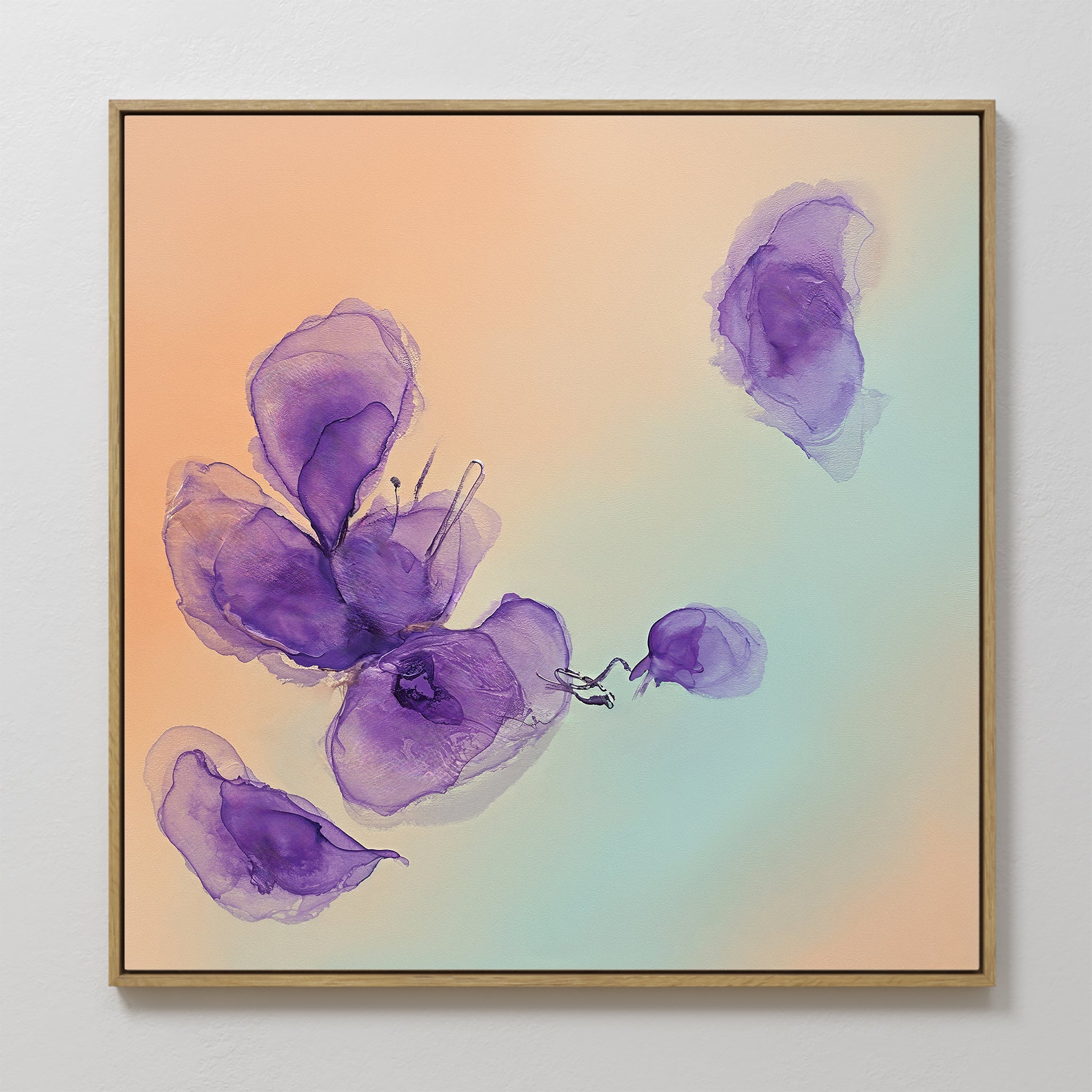 Original hand painted translucent purple violet floral oil painting canvas wall art, nordic scandinavian elegant luxury minimalist modern living room