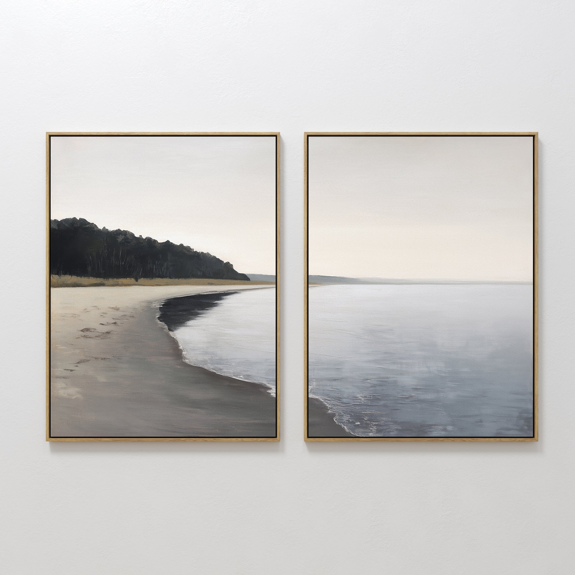 Original hand painted grey ivory coastal beach diptych oil painting canvas wall art, nordic scandinavian minimalist elegant luxury modern living room