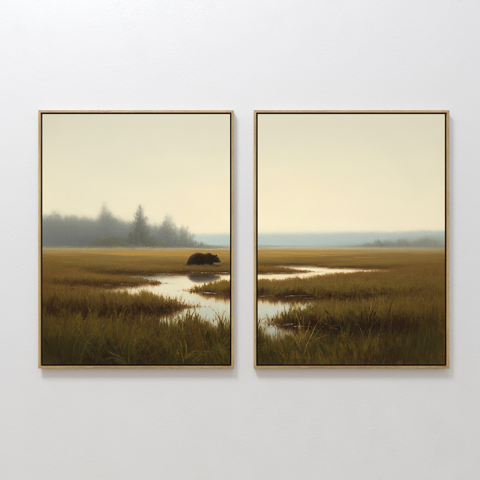 Original hand painted amber olive bear marsh oil painting canvas wall art set of 2, nordic scandinavian elegant minimalist luxury modern living room h