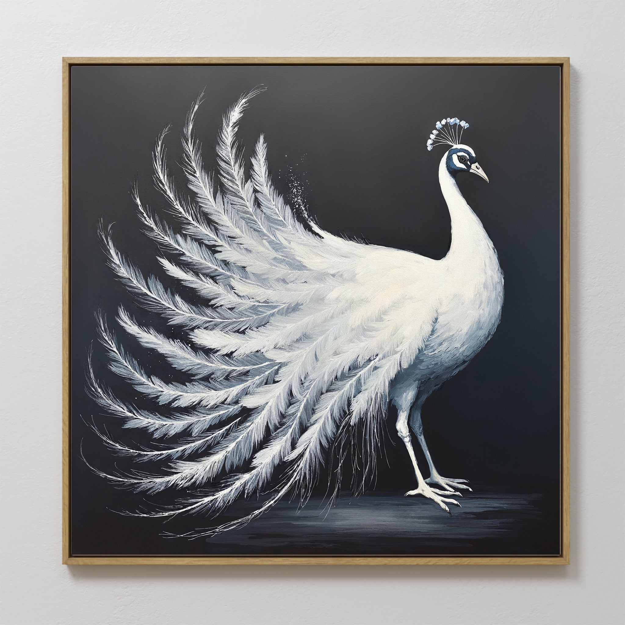 Original hand painted white peacock monochrome oil painting canvas wall art, nordic scandinavian elegant luxury modern minimalist living room home dec