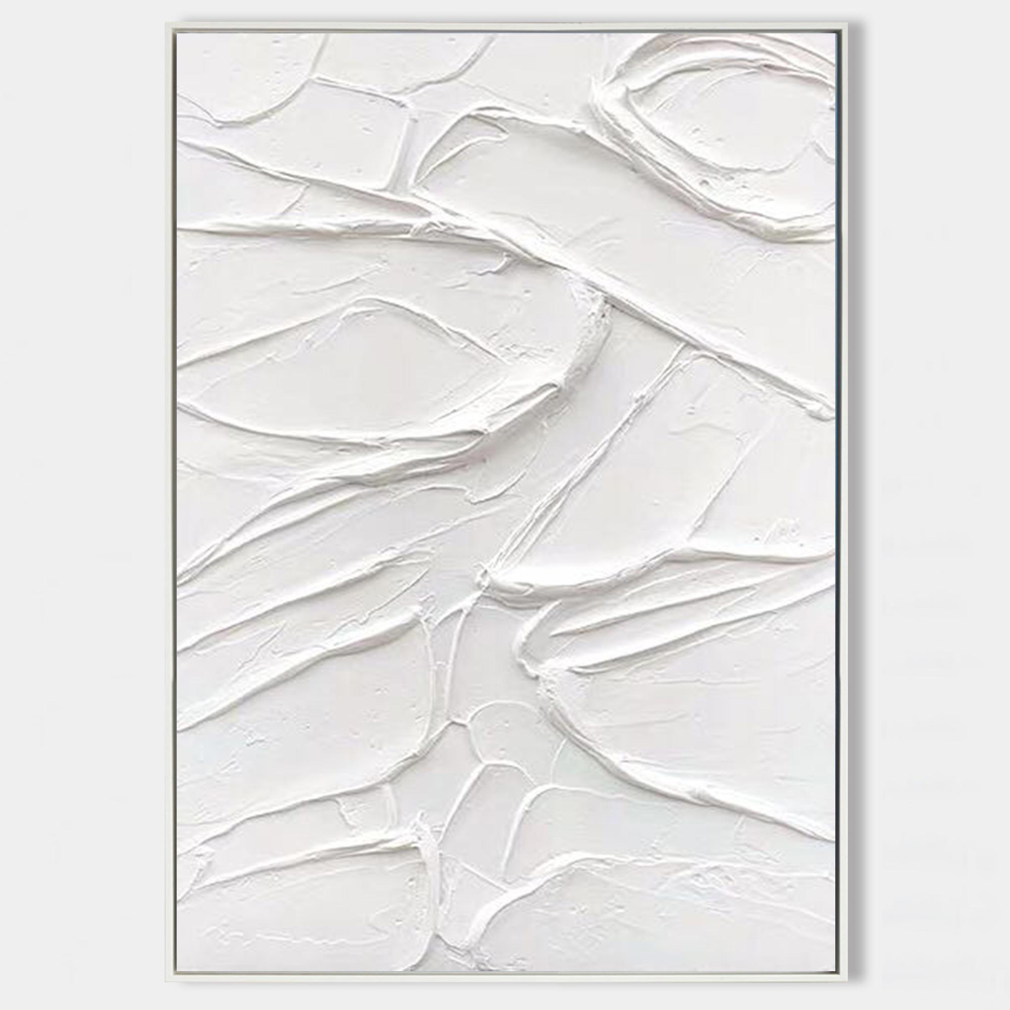 Original hand painted white textured abstract oil painting canvas wall art, raised ridges organic lines nordic scandinavian minimalist