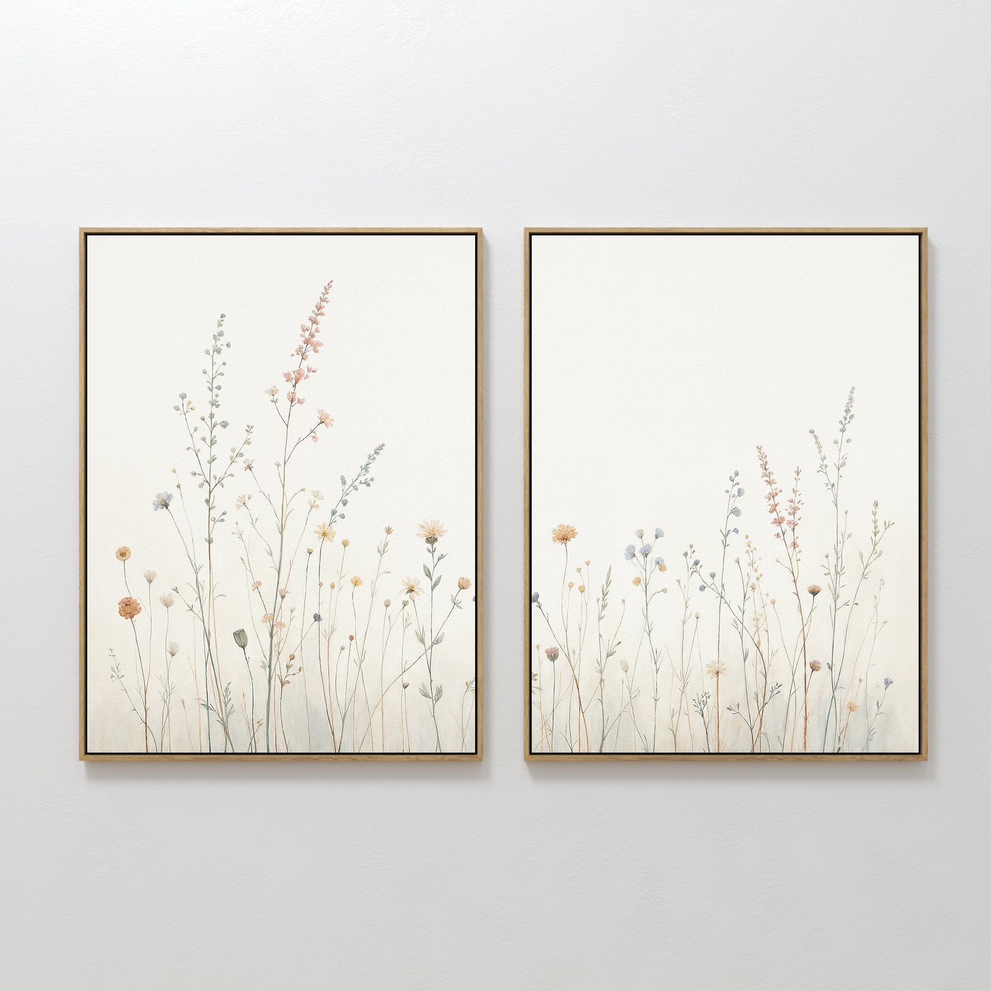Hand painted original botanical wildflower oil painting canvas wall art set of 2, blush pink sage ivory stems, nordic scandinavian elegant minimalist