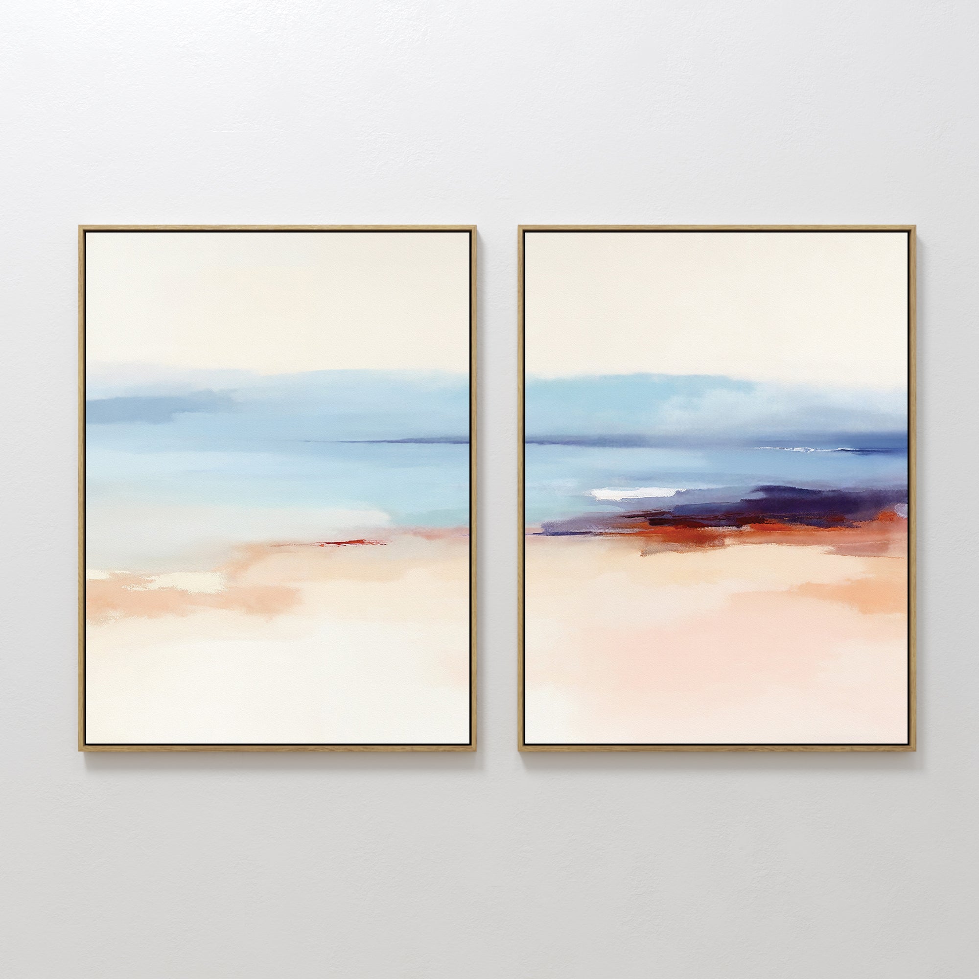 Hand painted original blush pink blue terracotta coastal abstract oil painting diptych canvas wall art nordic scandinavian elegant luxury modern home