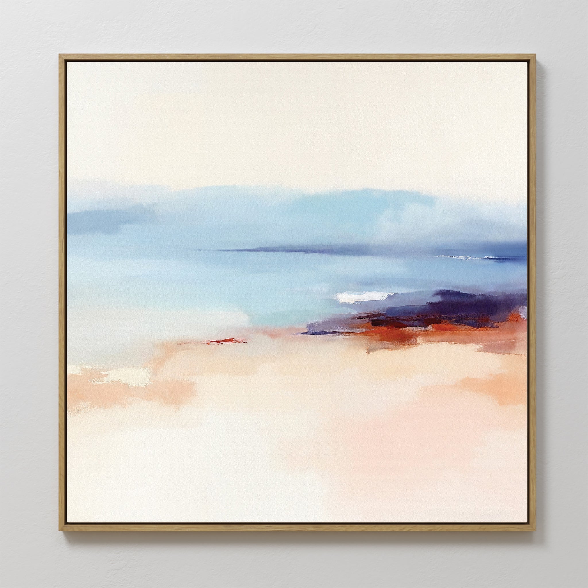 Original hand painted blush peach and sky blue coastal abstract oil painting canvas wall art, nordic scandinavian elegant luxury modern living room ho