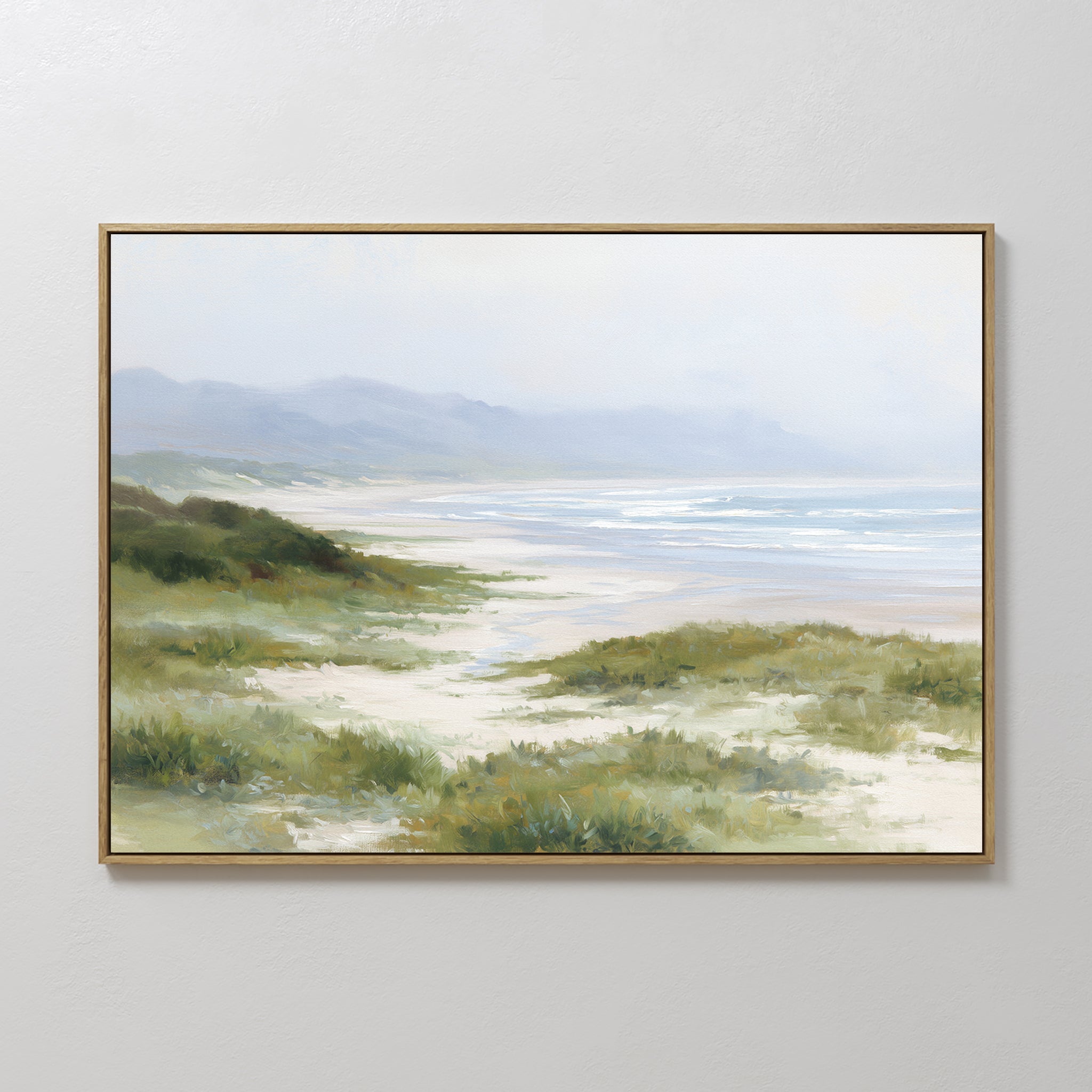 Hand painted original oil painting coastal sand dunes sage green sea grass misty blue ocean mountains canvas wall art nordic scandinavian elegant luxu