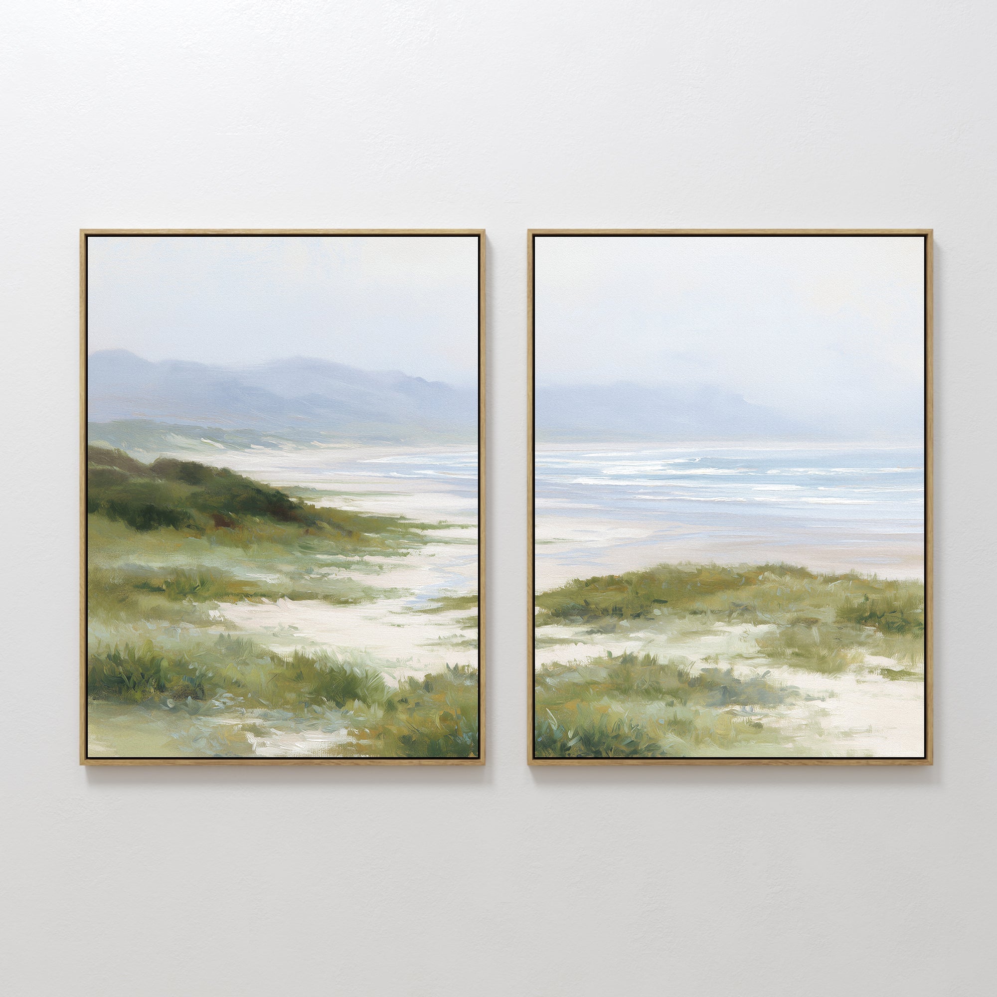 Original hand painted sage green coastal beach dunes oil painting canvas wall art set of 2, nordic scandinavian elegant luxury modern living room home
