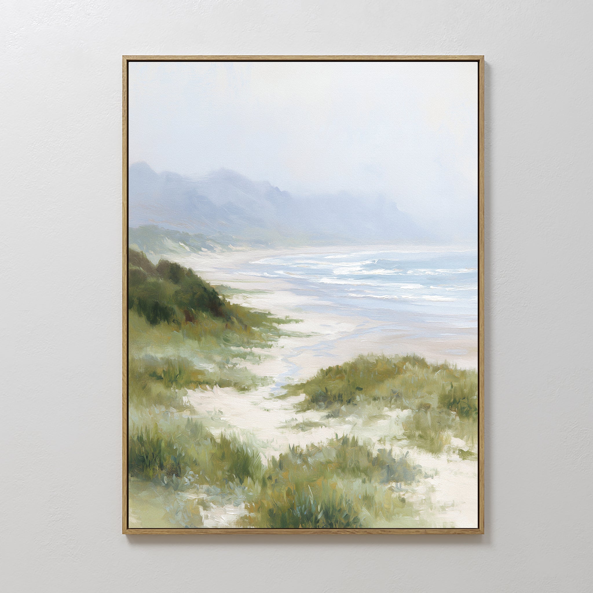 Original hand painted misty coastal beach dunes oil painting canvas wall art, sage green blue nordic scandinavian elegant luxury modern living room ho