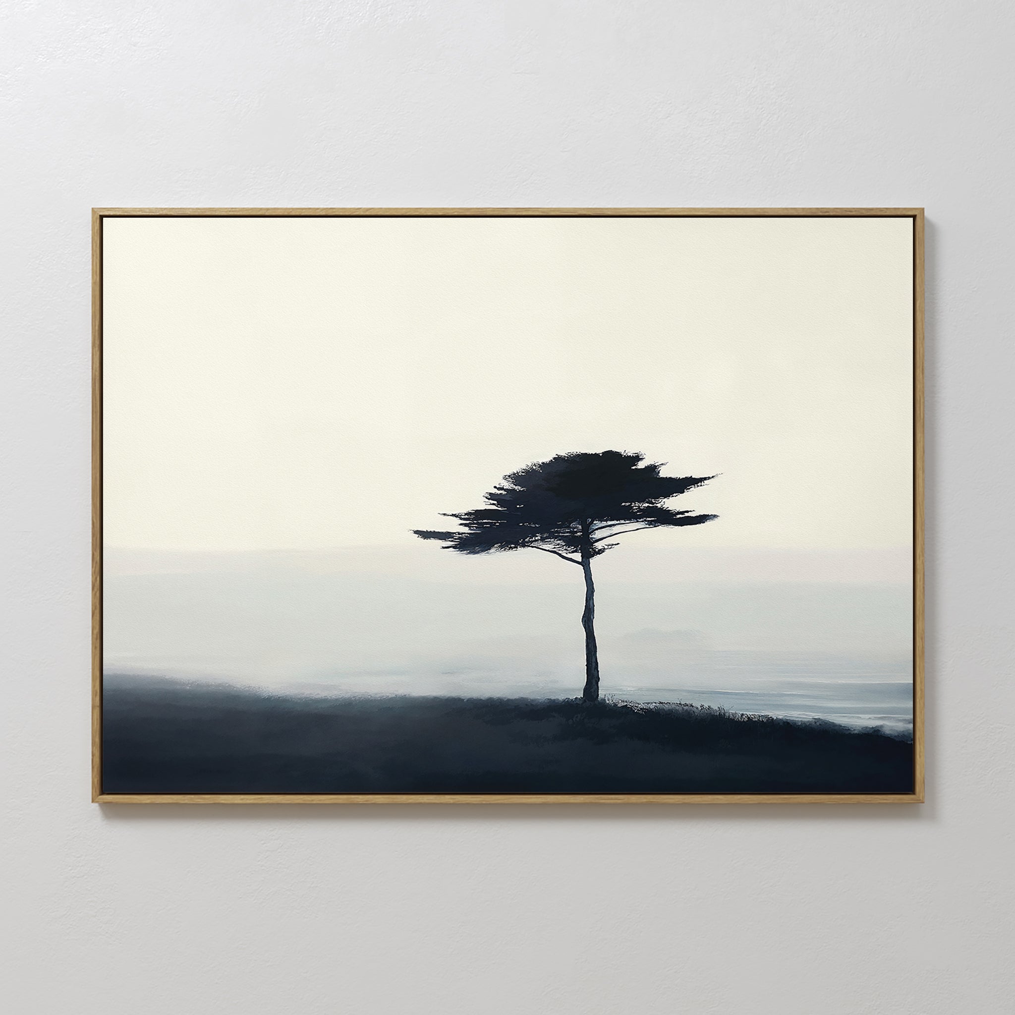 Original hand painted dark navy ivory lone tree coastal oil painting canvas wall art, nordic scandinavian elegant minimalist luxury modern home decor