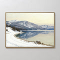 Original hand painted blue white snowy mountain lake oil painting canvas wall art, nordic scandinavian elegant luxury modern living room interior desi