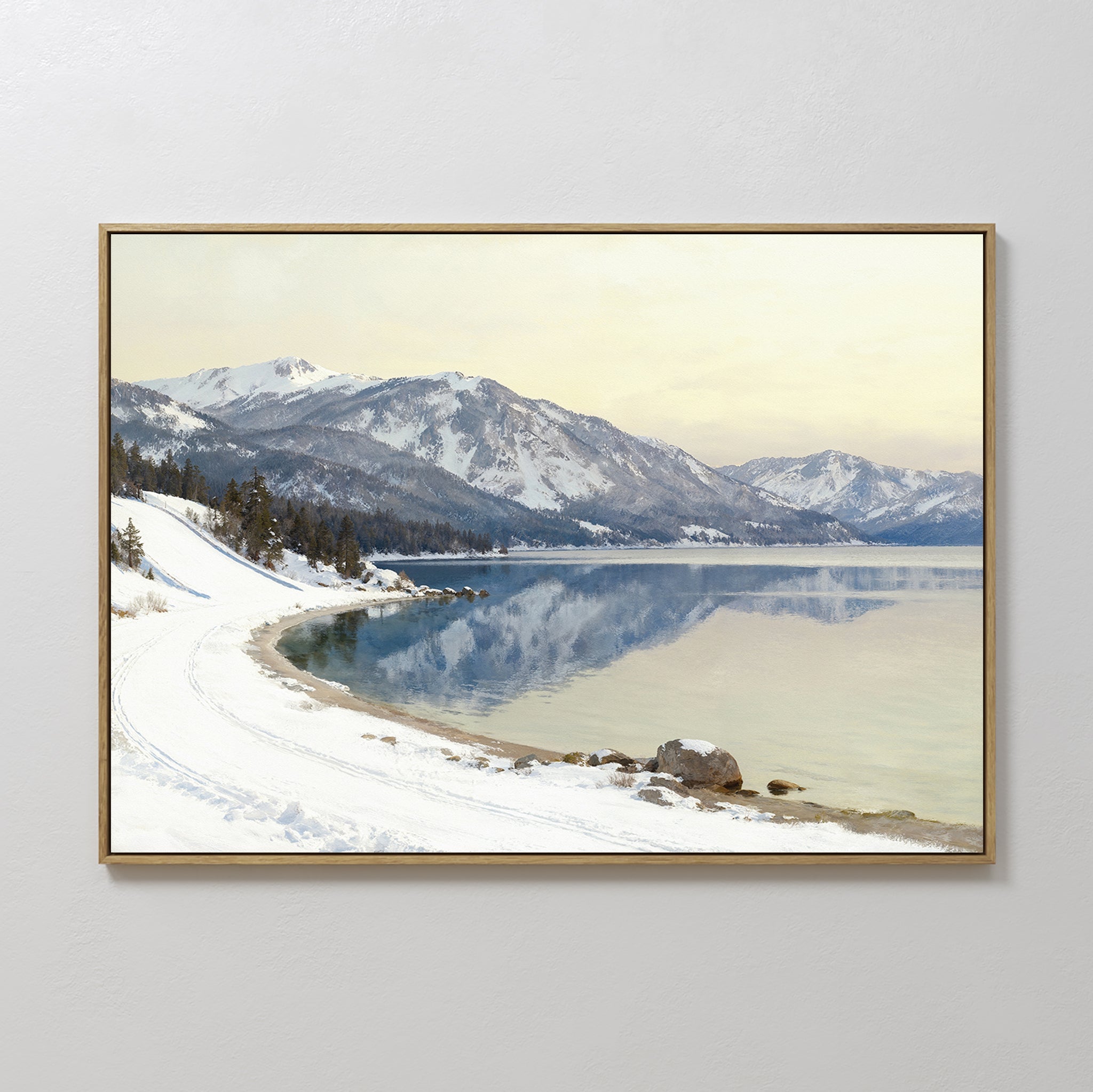 Original hand painted blue white snowy mountain lake oil painting canvas wall art, nordic scandinavian elegant luxury modern living room interior desi