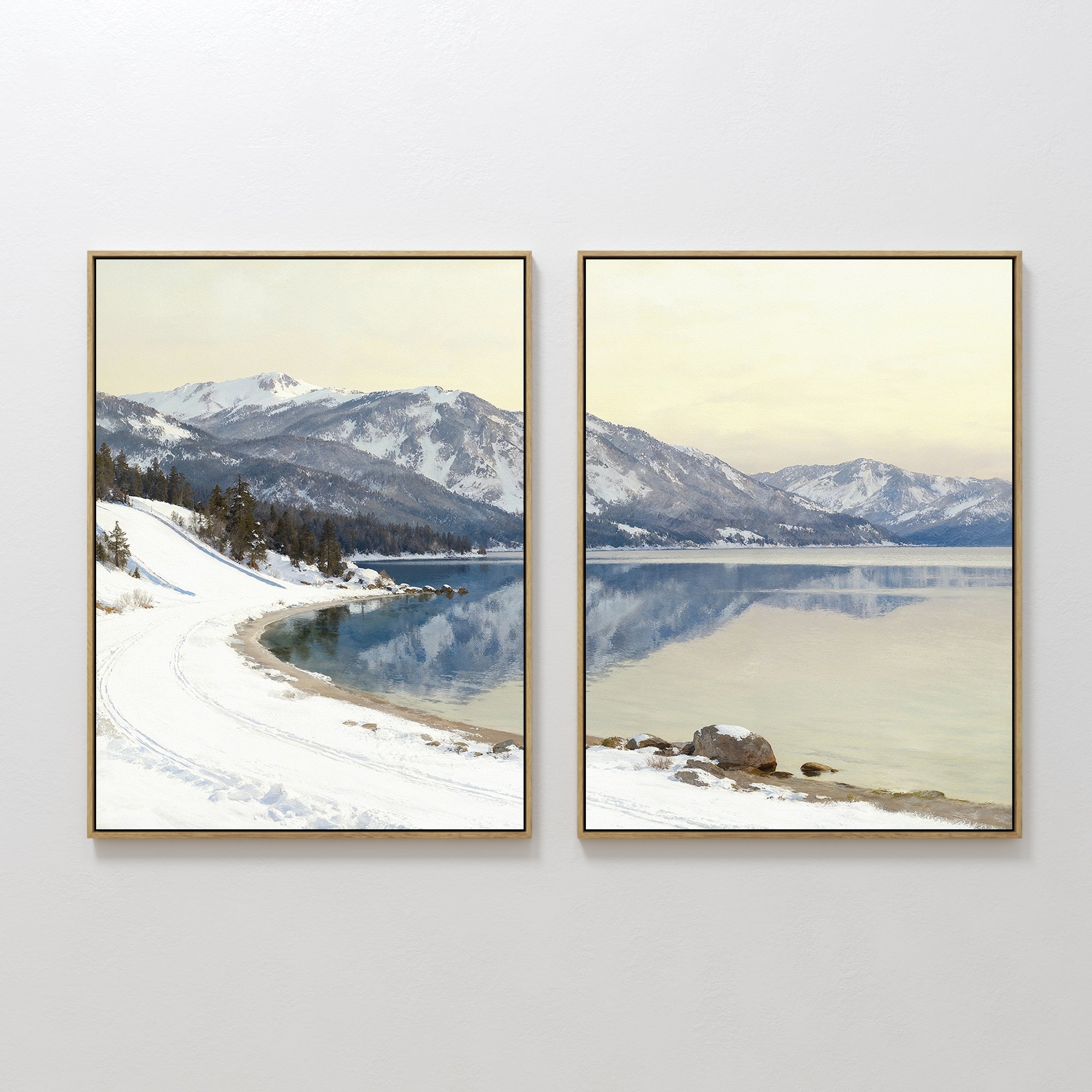 Original hand painted blue white winter alpine lake snow mountain oil painting canvas wall art, nordic scandinavian elegant luxury modern home decor i