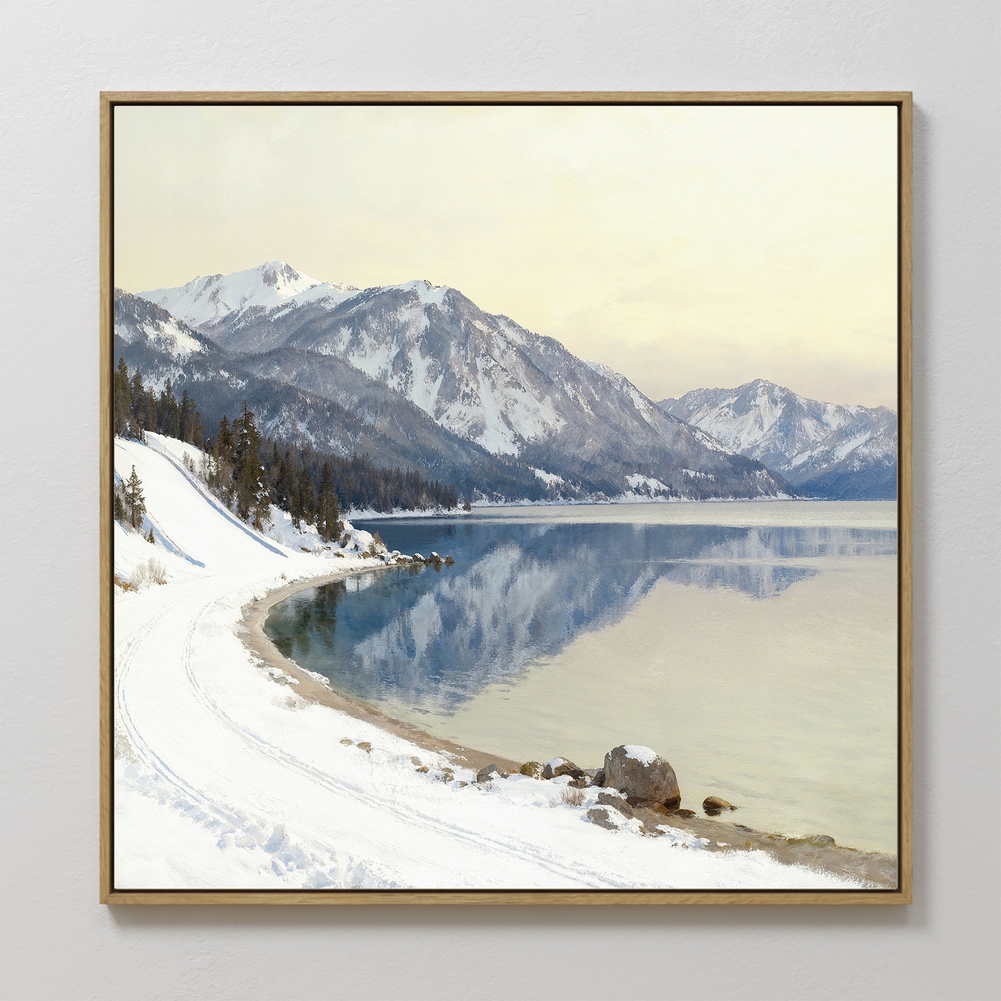 Hand painted original oil painting snowy mountain lake blue white winter landscape canvas wall art nordic scandinavian elegant luxury modern interior