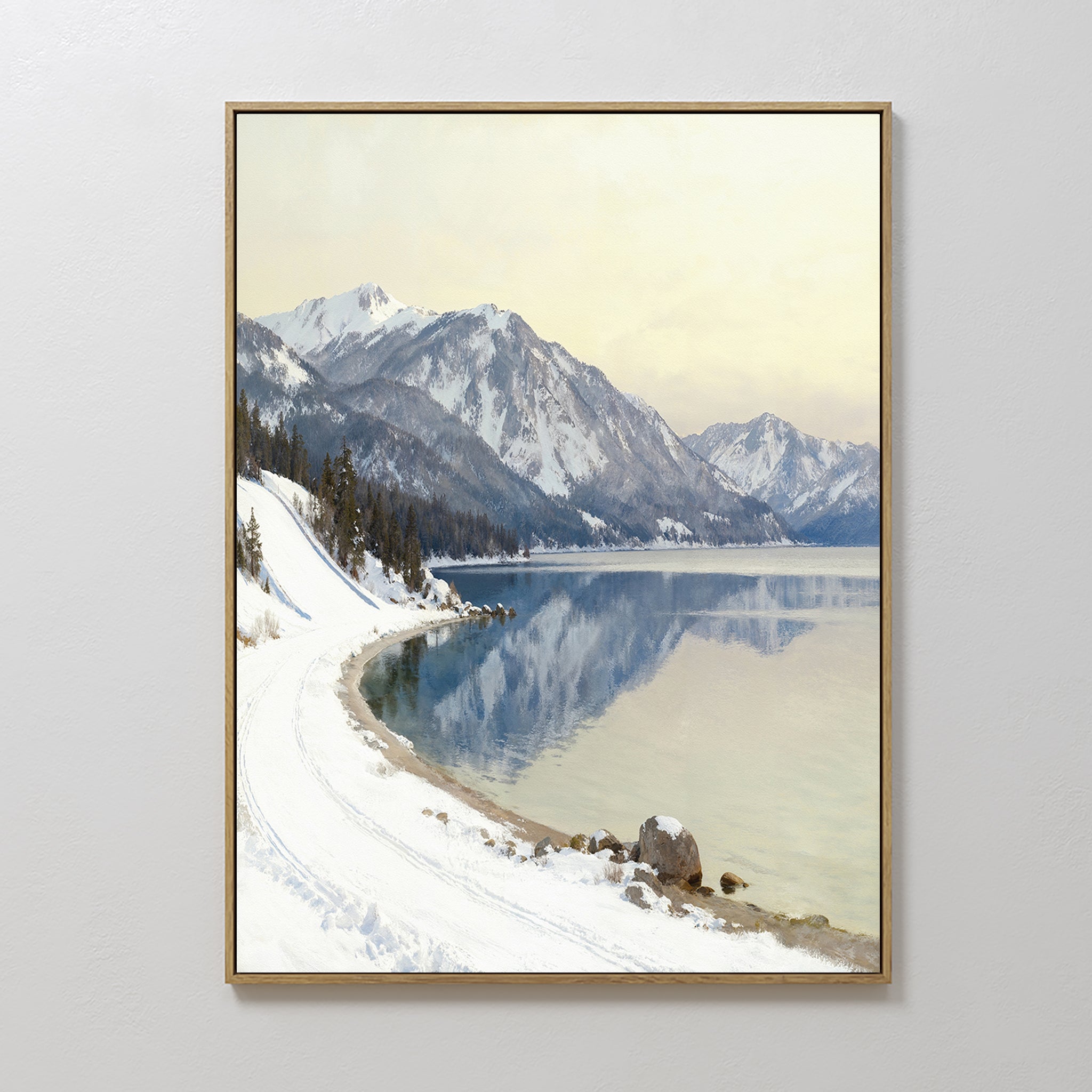 Hand painted original oil painting canvas wall art, blue white snowy mountain lake nordic scandinavian elegant luxury modern living room home decor in