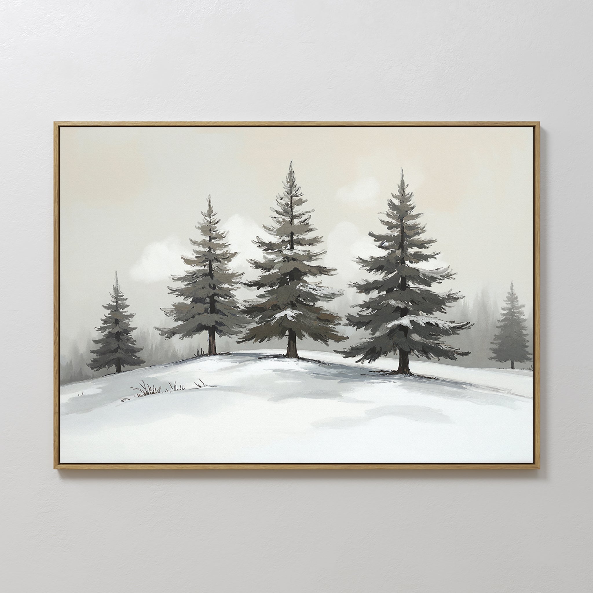 Hand painted original grey white winter pine trees snow landscape oil painting canvas wall art, nordic scandinavian elegant luxury modern home decor i