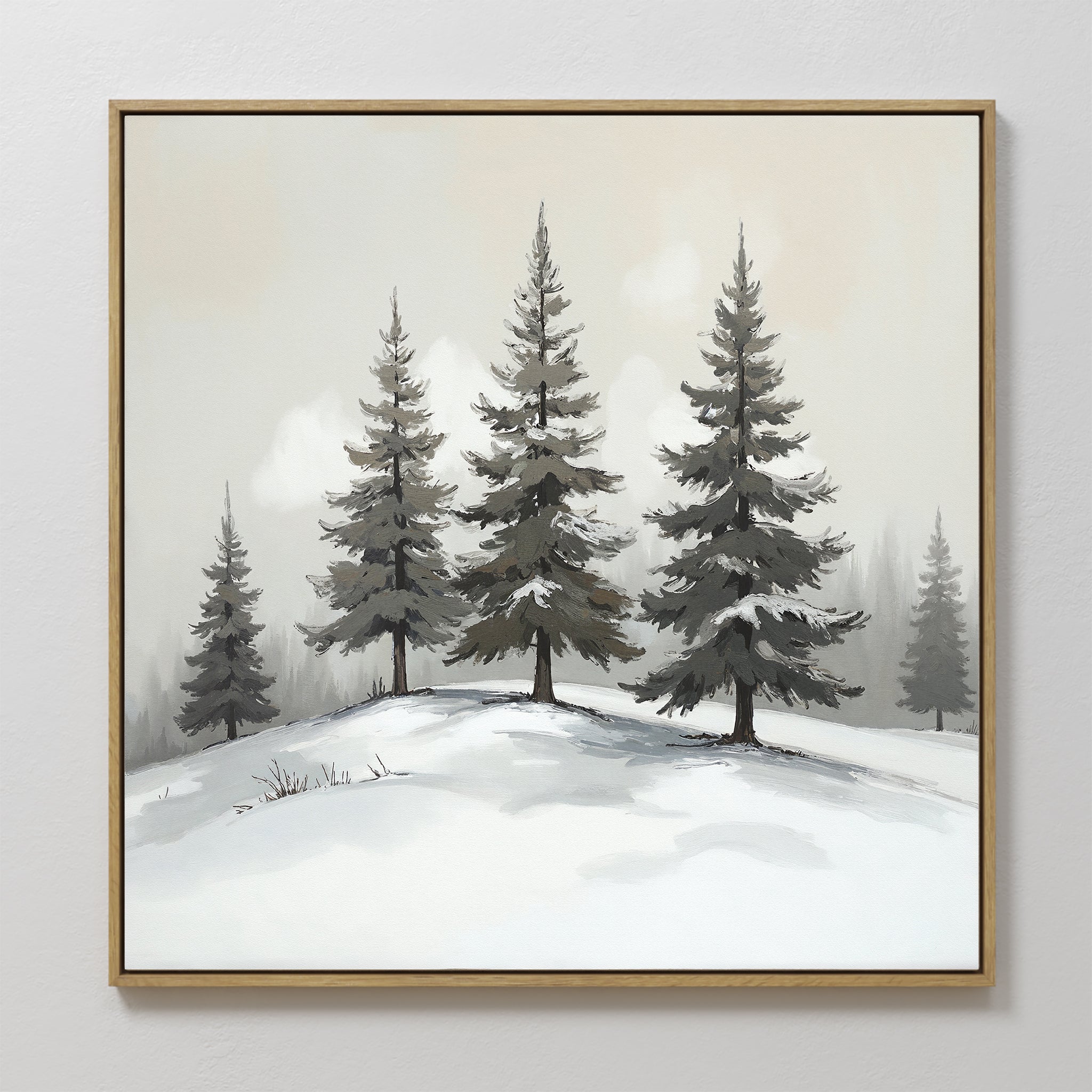 Hand painted original grey white winter pine trees snow landscape oil painting canvas wall art, nordic scandinavian elegant minimalist luxury modern h
